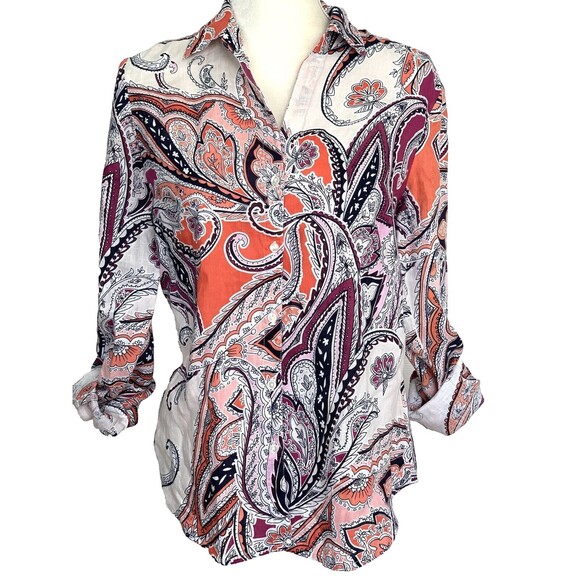 Charter Club 100% Linen Paisley Floral Button Down Shirt Purple Coral White S - Picture 1 of 4